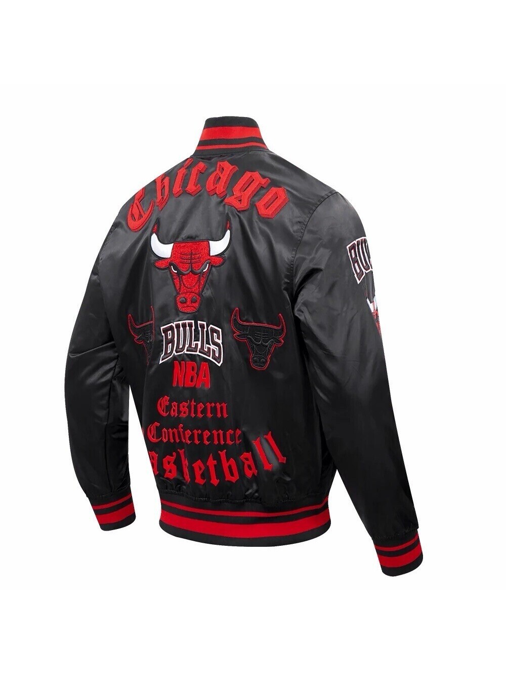 Pro Standard Mens M NBA Chicago Bulls Old English Satin Jacket Black Red Patches